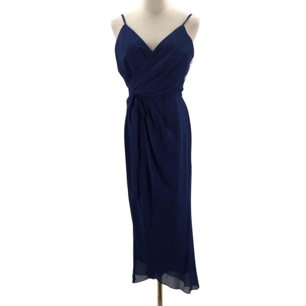 AW BRIDAL 8 M navy blue bridesmaid formal faux wrap party midi dress NEW 0B16
